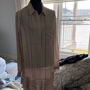 Sheer Beige Plaid Long Sleeve Tunic Blouse